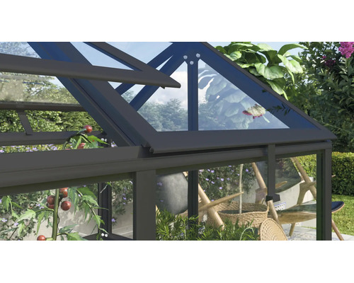 Detailansicht eines Gewächshauses mit Dachfenster und transparenten Glasscheiben in einem Garten.