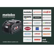 Metabo LiHD Akku mit Cordless Alliance System Logo und Logos der beteiligten Partnermarken.