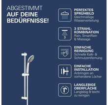 Duschset mit Duschstange und Handbrause sowie Funktionsübersicht der Merkmale wie Strahlarten und einfache Reinigung.