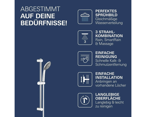 Duschset mit Duschstange und Handbrause sowie Funktionsübersicht der Merkmale wie Strahlarten und einfache Reinigung.