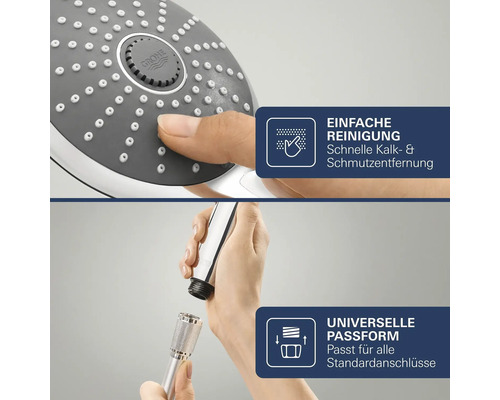 Grohe Handbrause mit pflegeleichten Antikalk Düsen und universellem Anschluss für alle gängigen Brauseschläuche.