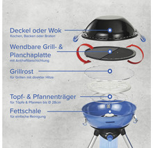 Explosionsansicht eines Campinggrills mit Beschriftung der Einzelteile wie Deckel, Wendeplatte, Grillrost, Topfträger und Fettschale.