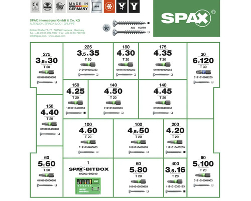 Übersicht verschiedener Spax Schraubengrößen mit zugehörigen Bits und Bitbox sowie Herstellerinformationen.