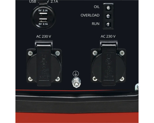 Bedienfeld eines Stromerzeugers mit zwei 230 Volt Steckdosen, zwei USB Anschlüssen und Kontrollanzeigen für Öl, Überlast und Betrieb.
