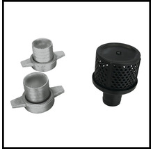 Set mit zwei Schlauchstutzen aus Metall und einem Ansaugfilter aus Kunststoff als Zubehör für Gartenpumpen
