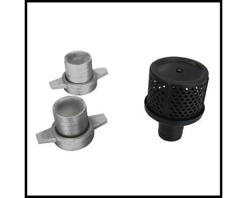 Set mit zwei Schlauchstutzen aus Metall und einem Ansaugfilter aus Kunststoff als Zubehör für Gartenpumpen