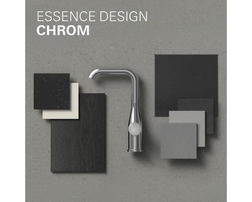 Essence Design Waschtischarmatur in Chrom mit Materialmustern für Badgestaltung