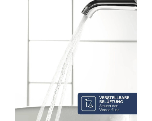 Wasserhahn mit fließendem Wasser und Symbol für eine verstellbare Belüftung zur Steuerung des Wasserflusses.