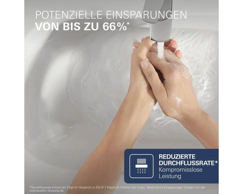 Waschbeckenarmatur mit reduziertem Wasserverbrauch, Hände werden unter dem Wasserstrahl gewaschen.