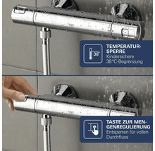 Grohe Thermostat Duscharmatur mit 38 Grad Temperatursperre und Taste zur Durchflussmengenregulierung.