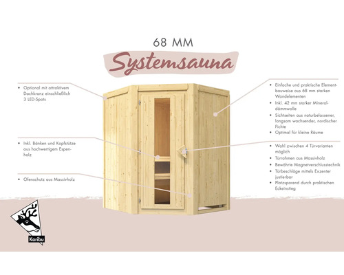 Systemsauna aus nordischer Fichte mit 68 Millimeter Wandstärke inklusive Bank und Tür von Karibu