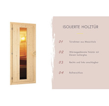 Isolierte Saunaholztür mit Massivholzrahmen, Isolierglasfenster und Rollverschluss, rechts oder links anschlagbar.