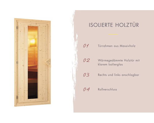 Isolierte Saunaholztür mit Massivholzrahmen, Isolierglasfenster und Rollverschluss, rechts oder links anschlagbar.