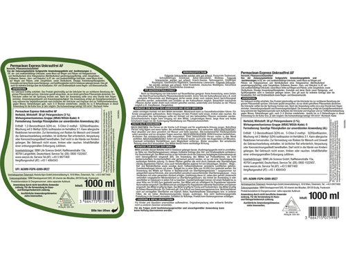 Produktetikett für Permaclean Express Unkrautfrei AF Herbizid mit Anwendungshinweisen und Sicherheitsinformationen.