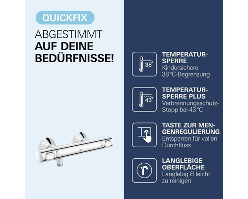 Grohe QuickFix Thermostat Duscharmatur mit Temperaturbegrenzung, Verbrühungsschutz und Mengenregulierung.