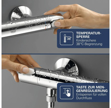Grohe Thermostat Duscharmatur mit Kindersicherung bei 38 Grad Celsius und Mengeneinstellungsknopf fuer vollen Durchfluss.