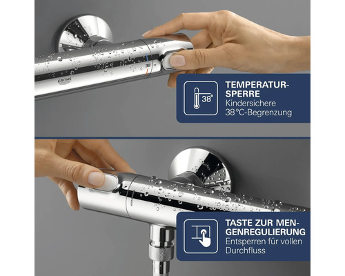 Grohe Thermostat Duscharmatur mit Kindersicherung bei 38 Grad Celsius und Mengeneinstellungsknopf fuer vollen Durchfluss.
