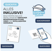 Grohe QuickFix Installationsset mit Werkzeug, Montageanleitung und QuickVideo via QR Code für eine einfache Armatureninstallation.