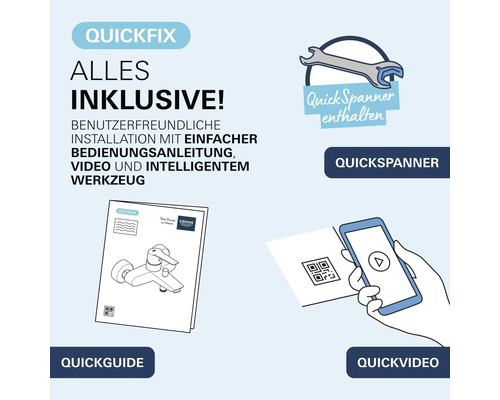 Grohe QuickFix Installationsset mit Werkzeug, Montageanleitung und QuickVideo via QR Code für eine einfache Armatureninstallation.