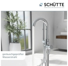 Freistehende Badewannenarmatur mit fließendem Wasser und Schütte Logo im Badezimmer
