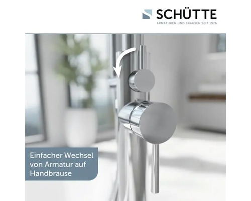 Schütte Logo und Nahaufnahme einer Waschtischarmatur mit Umstellfunktion für den Wechsel zwischen Armaturenauslauf und Handbrause.