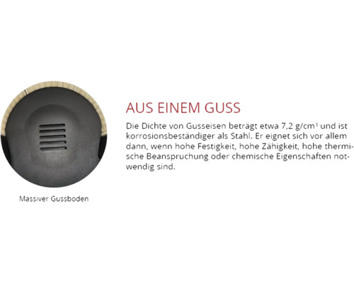 Infografik über die Materialeigenschaften von massivem Gusseisen mit Informationen zur Dichte und Korrosionsbeständigkeit für Kaminöfen.