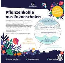 Infografik zur Wundergarten Pflanzenkohle aus Kakaoschalen mit Erläuterungen zu Bodenverbesserung, Nährstoffspeicherung und Mikroorganismen. (Image AI modified or generated)