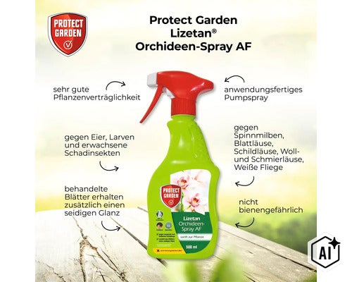 Protect Garden Lizetan Orchideen-Spray AF 500 Milliliter Pumpzerstäuber gegen saugende und beißende Schädlinge an Orchideen. (Image AI modified or generated)