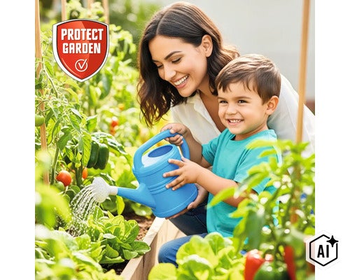 Eine Frau und ein Kind gießen gemeinsam ein Hochbeet im Garten mit einer Gießkanne. Protect Garden Gütesiegel. (Image AI modified or generated)