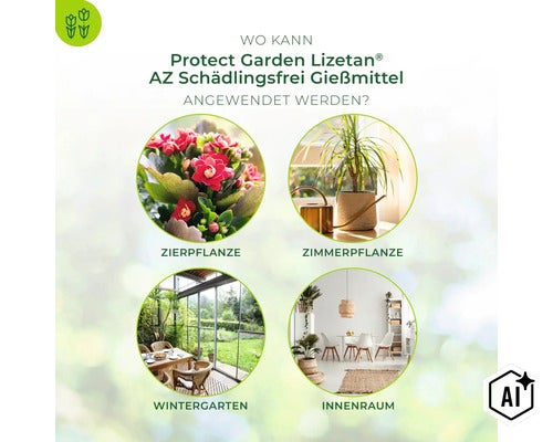 Anwendungsgebiete für Protect Garden Lizetan AZ Schädlingsfrei Gießmittel auf Pflanzen im Ziergarten, Innenbereich und Wintergarten. (Image AI modified or generated)