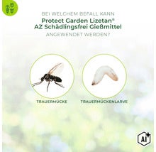 Infografik zeigt Trauermücke und Trauermückenlarve als Zielorganismen für Protect Garden Lizetan AZ Schädlingsfrei Gießmittel. (Image AI modified or generated)