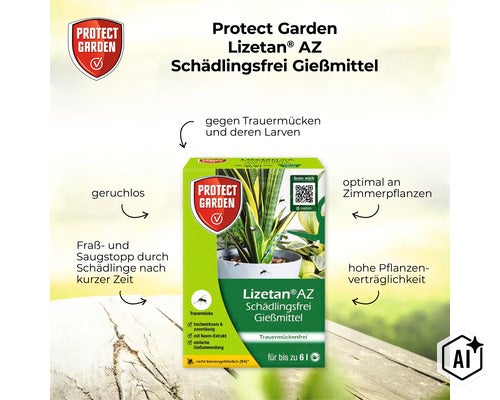 Protect Garden Lizetan AZ Schädlingfrei Gießmittel zur Bekämpfung von Trauermücken an Zimmerpflanzen mit Neem-Extrakt. (Image AI modified or generated)