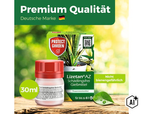 Protect Garden Lizetan AZ Schädlingsfrei Gießmittel 30 Milliliter zur Bekämpfung von Trauermücken an Zimmerpflanzen. (Image AI modified or generated)