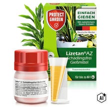 Protect Garden Lizetan AZ Pflanzenschutzmittel gegen Trauermücken zum Gießen mit Messbecher und Produktverpackung (Image AI modified or generated)