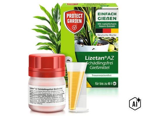 Protect Garden Lizetan AZ Pflanzenschutzmittel gegen Trauermücken zum Gießen mit Messbecher und Produktverpackung (Image AI modified or generated)