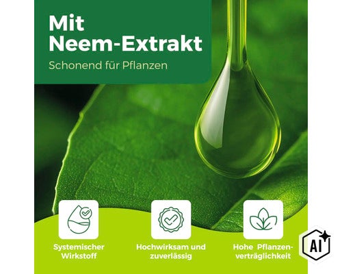 Grafik mit Neemextrakt für Pflanzenschutz mit Symbolen für systemische Wirkung, hohe Wirksamkeit und Pflanzenverträglichkeit. (Image AI modified or generated)