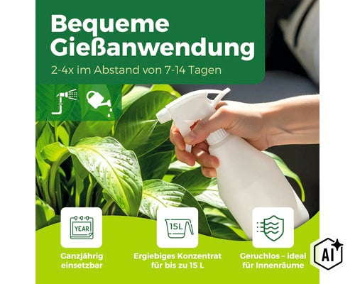 Hand hält Sprühflasche zur Pflanzenpflege mit Anwendungsdetails zu Gießhäufigkeit, Ganzjahreseinsatz, Konzentratmenge und Geruchslosigkeit. (Image AI modified or generated)