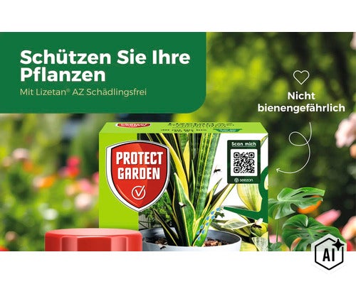 Lizetan AZ Schaedlingsfrei Pflanzenschutzmittel Verpackung in einem Garten (Image AI modified or generated)