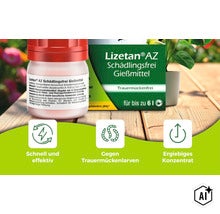 Lizetan AZ Schaedlingsfrei Giessmittel Flasche und Verpackung gegen Trauermueckenlarven (Image AI modified or generated)