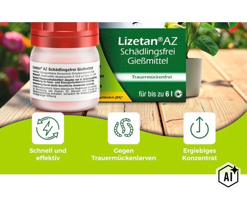 Lizetan AZ Schaedlingsfrei Giessmittel Flasche und Verpackung gegen Trauermueckenlarven (Image AI modified or generated)