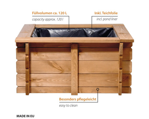 Rechteckiges Holzhochbeet mit Teichfolie, Fassungsvermögen circa 120 Liter, pflegeleicht, hergestellt in der Europäischen Union.