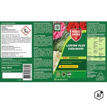 Lizetan Plus Schädlingsfrei Insektizid Konzentrat 100 Milliliter mit Informationen zu Anwendung und Sicherheit für Zierpflanzen und Gemüse. (Image AI modified or generated)