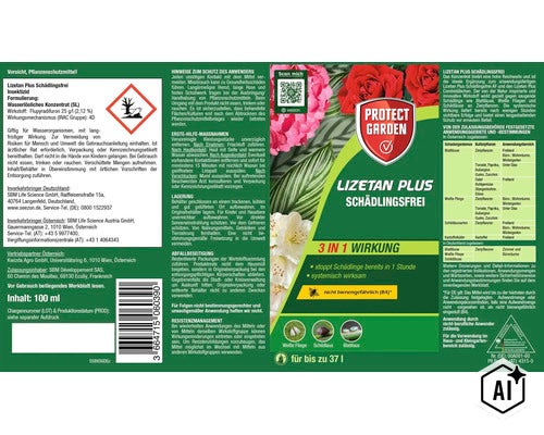 Lizetan Plus Schädlingsfrei Insektizid Konzentrat 100 Milliliter mit Informationen zu Anwendung und Sicherheit für Zierpflanzen und Gemüse. (Image AI modified or generated)