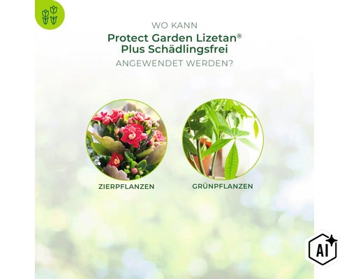 Infografik zur Anwendung von Protect Garden Lizetan Plus Schädlingsfrei bei Zierpflanzen und Grünpflanzen. (Image AI modified or generated)