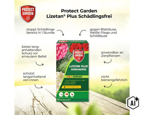 Protect Garden Lizetan Plus Schädlingsfrei zur Bekämpfung von Blattläusen und Schildläusen an Zierpflanzen mit systemischer Langzeitwirkung. (Image AI modified or generated)
