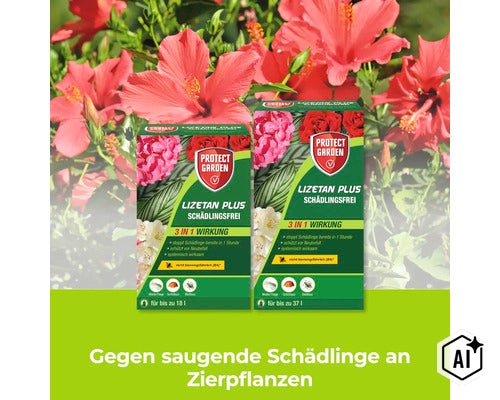 Protect Garden Lizetan Plus Schädlingsfrei gegen saugende Schädlinge an Zierpflanzen in zwei verschiedenen Packungsgrößen. (Image AI modified or generated)