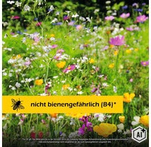 Blühende Blumenwiese mit dem Hinweis, dass das Produkt als nicht bienengefährlich eingestuft ist. (Image AI modified or generated)