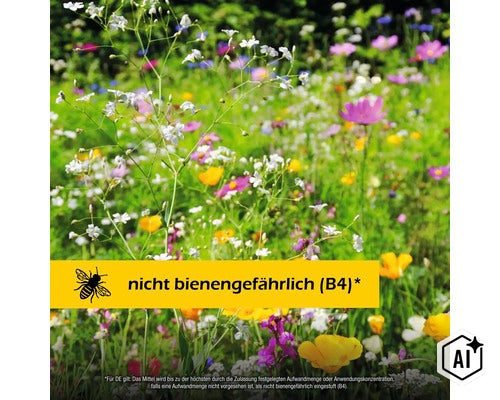 Blühende Blumenwiese mit dem Hinweis, dass das Produkt als nicht bienengefährlich eingestuft ist. (Image AI modified or generated)