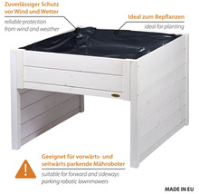 Mährobotergarage aus Holz als Hochbeet mit Pflanzfolie für Schutz vor Witterung bei vorwärts oder seitwärts parkenden Mährobotern.
