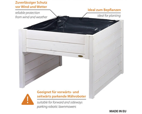 Mährobotergarage aus Holz als Hochbeet mit Pflanzfolie für Schutz vor Witterung bei vorwärts oder seitwärts parkenden Mährobotern.